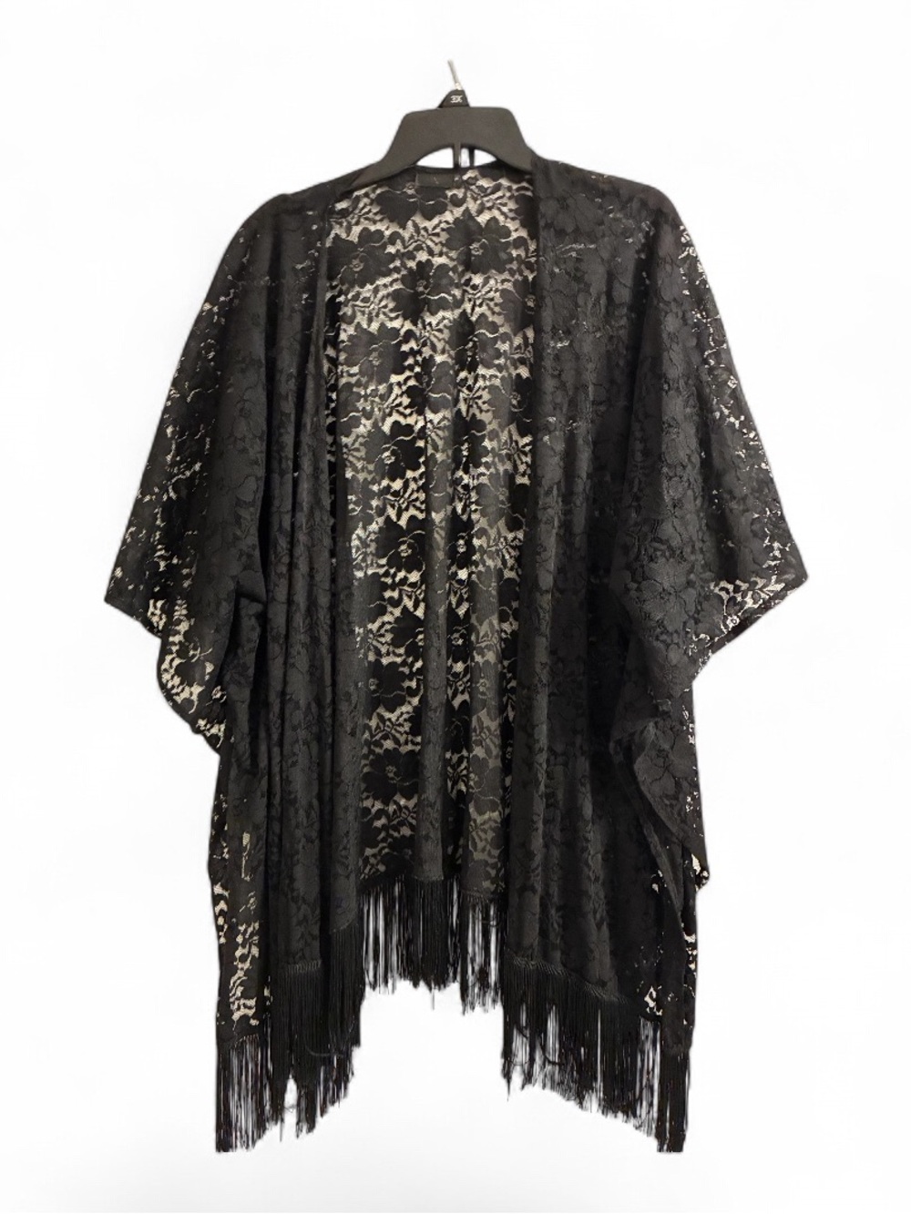 Shawl Open Black Fringed Elbow O/S Boho Gothic Square Beach Evening Midi Kimono